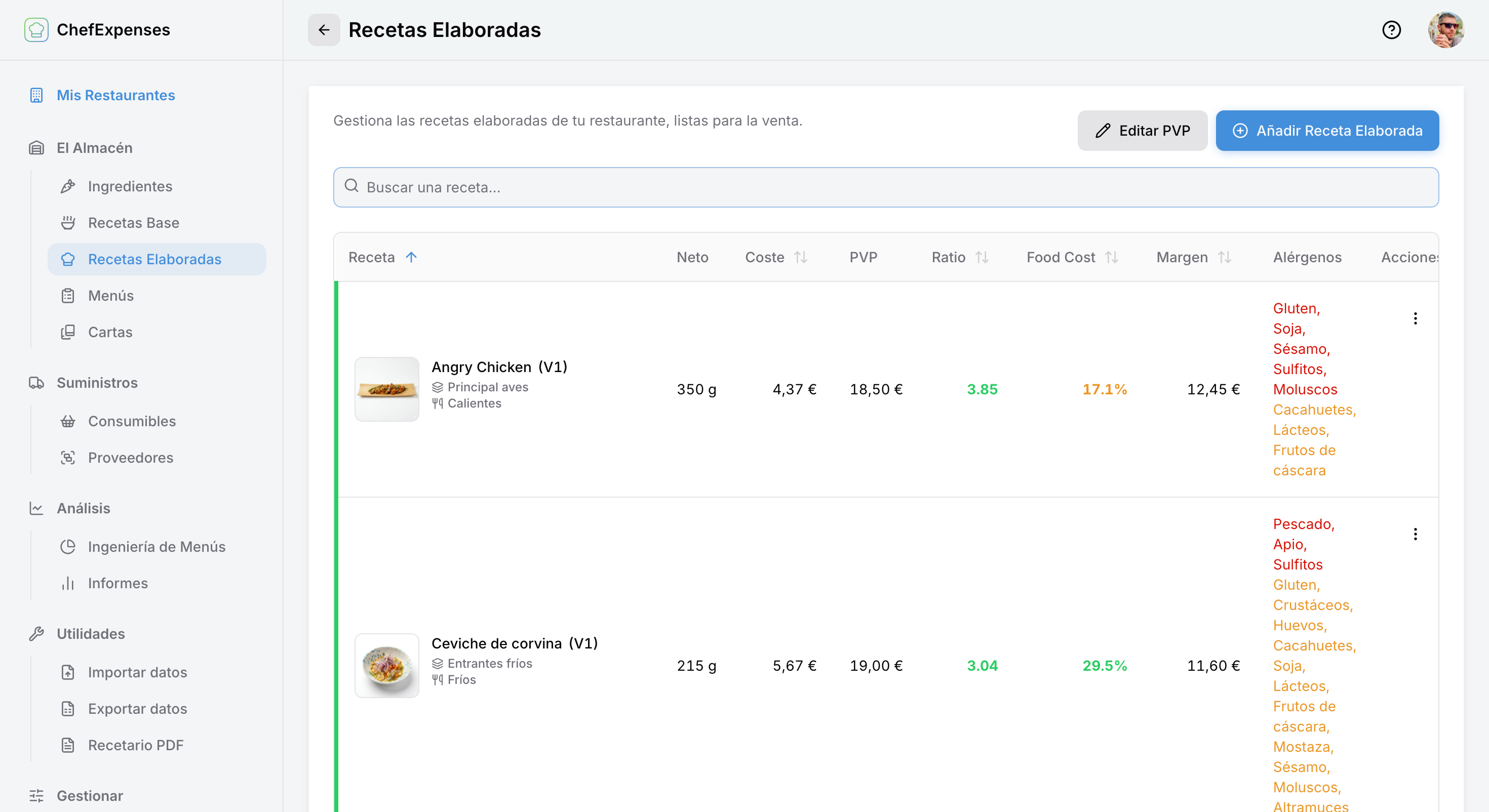 Listado de recetas con coste, food cost y margen en ChefExpenses